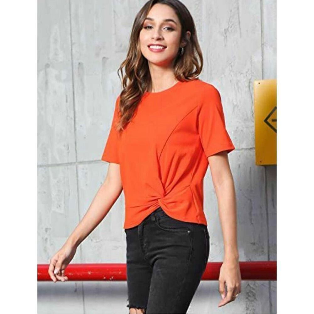 NWT Womens Mess Bebe MessBebe Vibrant Orange Twist Front Knot Tee Shirt Top Sz M